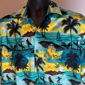 Alvish Hawaiian Aloha Men’s L Surfers Beach Palm Trees Sailboats Island Tropical
